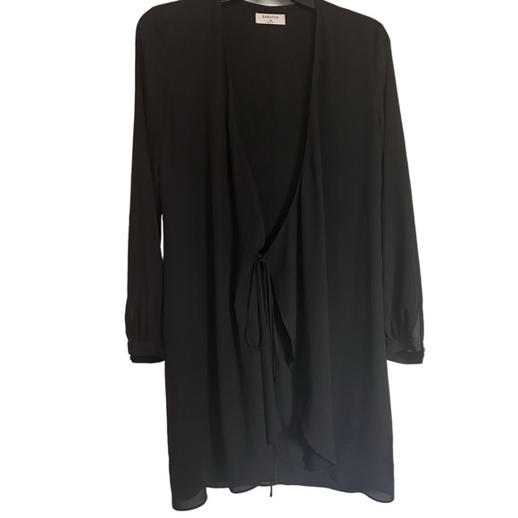 Babaton Black Sheer Tie Front Long Sleeve Flowy Boho Cardigan Duster Blouse - Picture 6 of 10